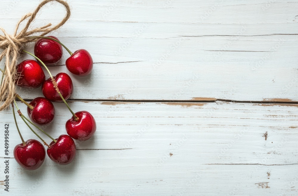 Poster Fresh Cherries on Rustic White Wooden Background