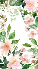 Watercolor Floral Border with Pink Flowers and Green Leaves.