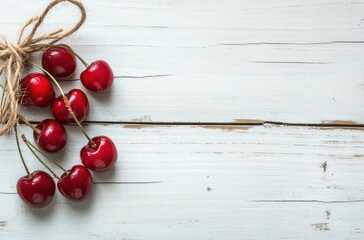 Fresh Cherries on Rustic White Wooden Background
