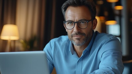 Fototapeta premium Charming Real Estate Agent in Elegant Shirt and Glasses, Smiling and Waiting for Clients by Window