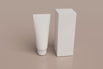 A tube of lotion standing upright next to a box