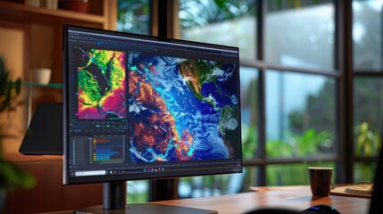 Modern computer showing weather forecast and climate change data on screen in an office