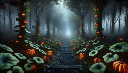 Illustrate a dark, misty forest path where pumpkin vines and leaves grow wild, guiding visitors towards a hidden, haunted destination.