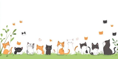 Naklejka premium Adorable Cat Celebration: Whimsical Illustration for World Cat Day. Cute Feline Design on White Background for Pet Party Banners, Birthday Events, and Anniversary Festivities. Perfect for Posters, Web