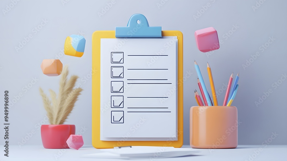 Poster 3d clipboard, checklist symbol. assignment target icon. project task management and effective time p