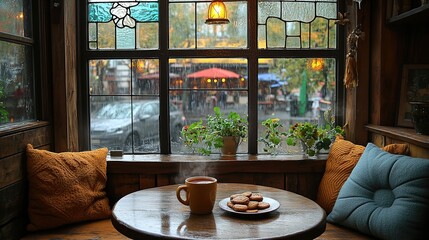 Rainy street cafe in old european town. Autumn rainy day. Cutlery and dishes are left on the cafe table in the rain