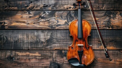 Naklejka premium Violin and Bow on Rustic Wooden Background.