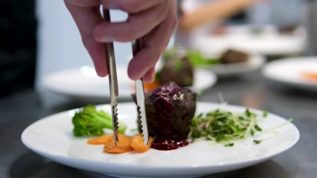 serve meat with cherry sauce, a piece of broccoli, grilled carrots and microgreens in restaurant backstage