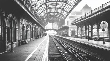 Elegant Vintage Railway Station: A Solitary Journey Through Time, Gray-Scale Elegance in Abandoned Tracks and Platforms Reflecting History and Nostalgia

