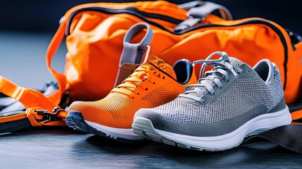 A pair of stylish sports shoes in orange and gray, accompanied by a vibrant orange gym bag. Perfect for fitness enthusiasts.