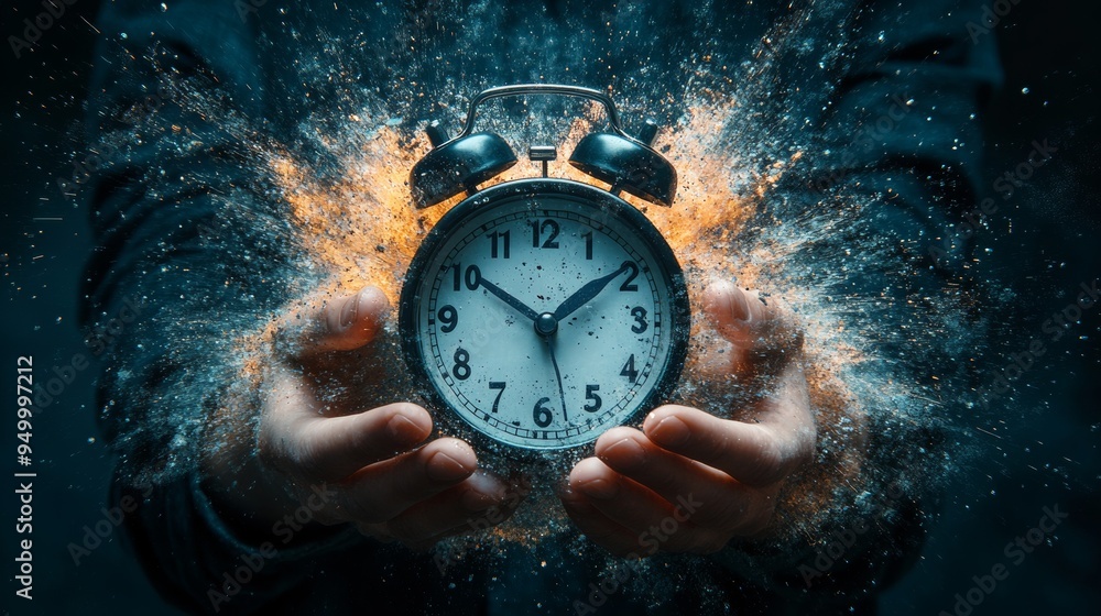 Poster hands holding disintegrating alarm clock