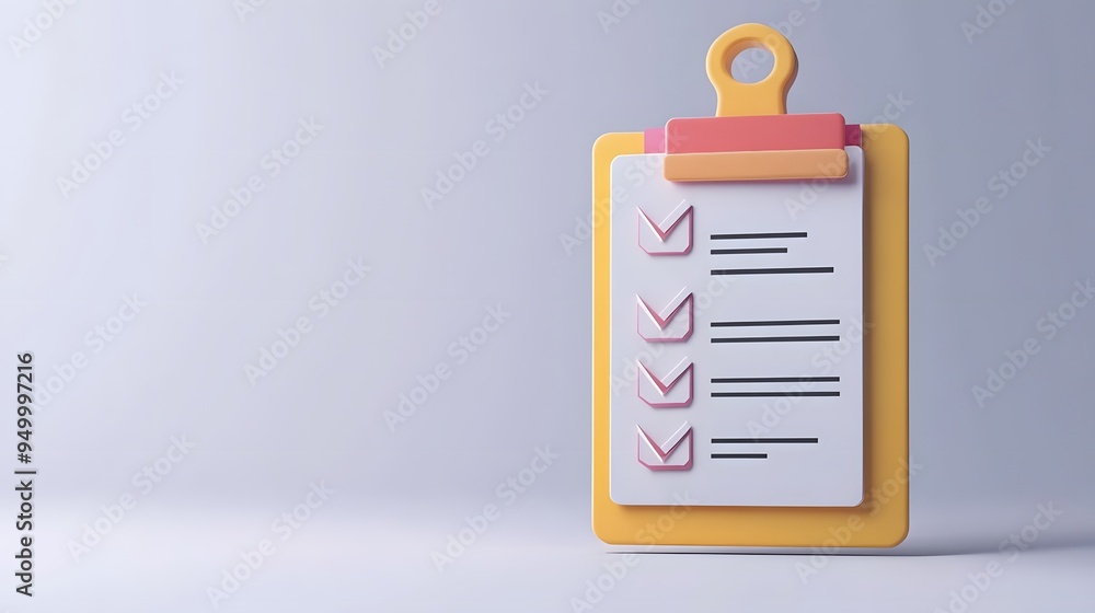 Poster 3d clipboard, checklist symbol. assignment target icon. project task management and effective time p