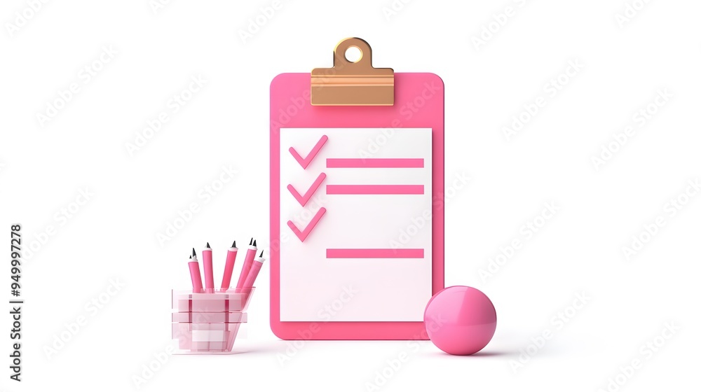 Poster 3d clipboard, checklist symbol. assignment target icon. project task management and effective time p