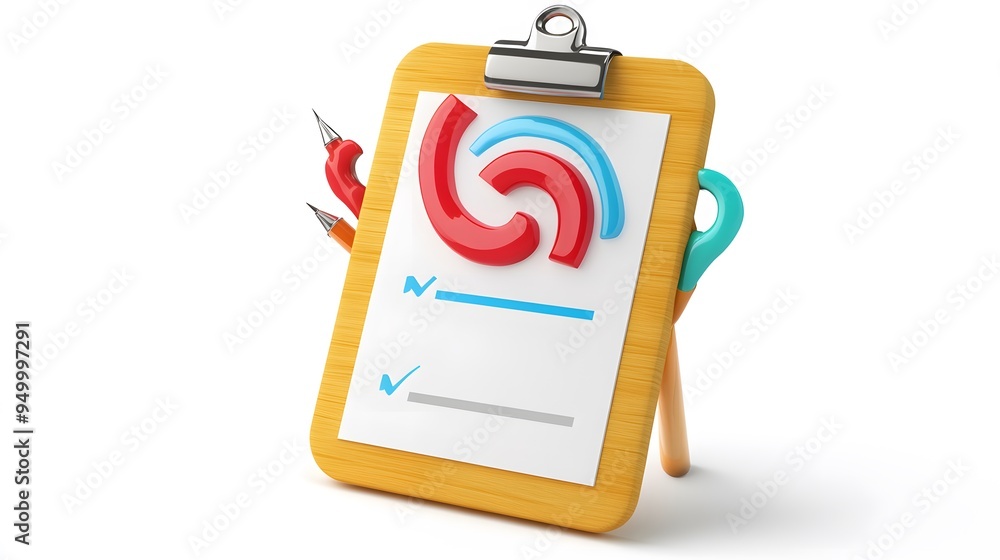 Poster 3d clipboard, checklist symbol. assignment target icon. project task management and effective time p