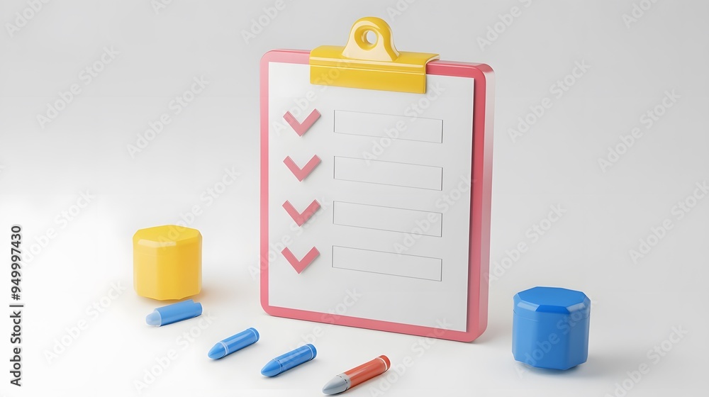 Poster 3d clipboard, checklist symbol. assignment target icon. project task management and effective time p