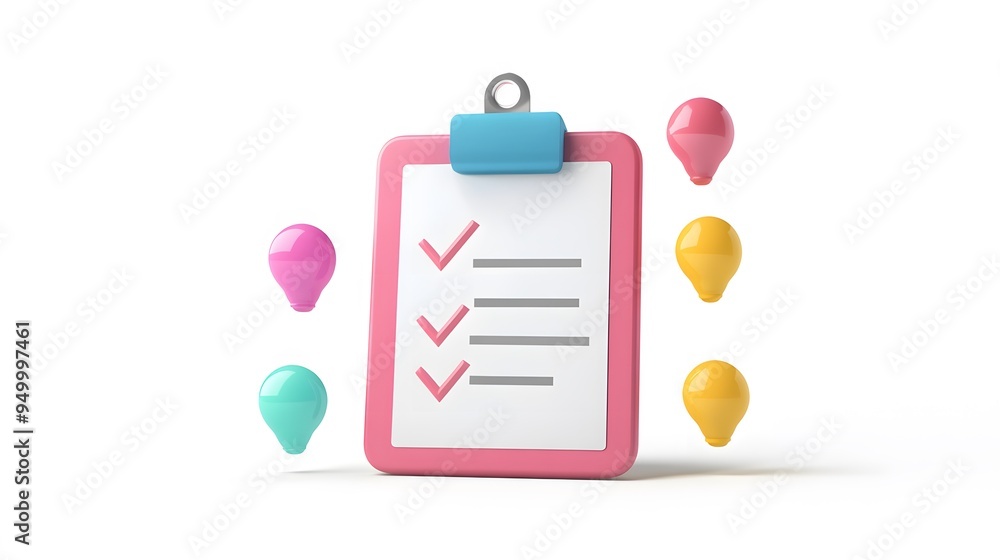 Poster 3d clipboard, checklist symbol. assignment target icon. project task management and effective time p