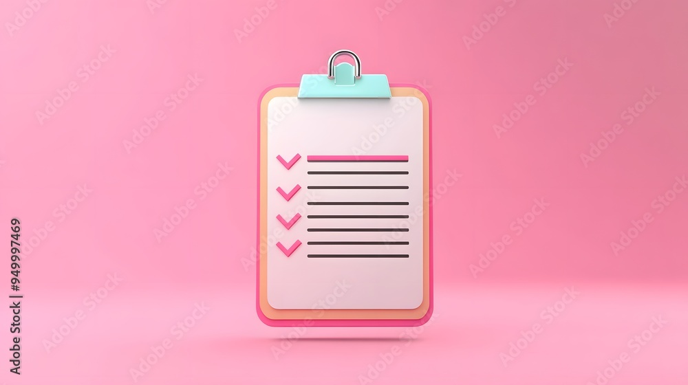 Poster 3d clipboard, checklist symbol. assignment target icon. project task management and effective time p