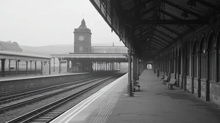 Elegant Vintage Railway Station: A Solitary Journey Through Time, Gray-Scale Elegance in Abandoned Tracks and Platforms Reflecting History and Nostalgia

