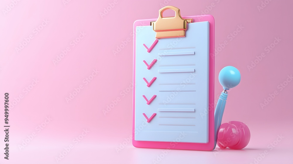 Poster 3d clipboard, checklist symbol. assignment target icon. project task management and effective time p