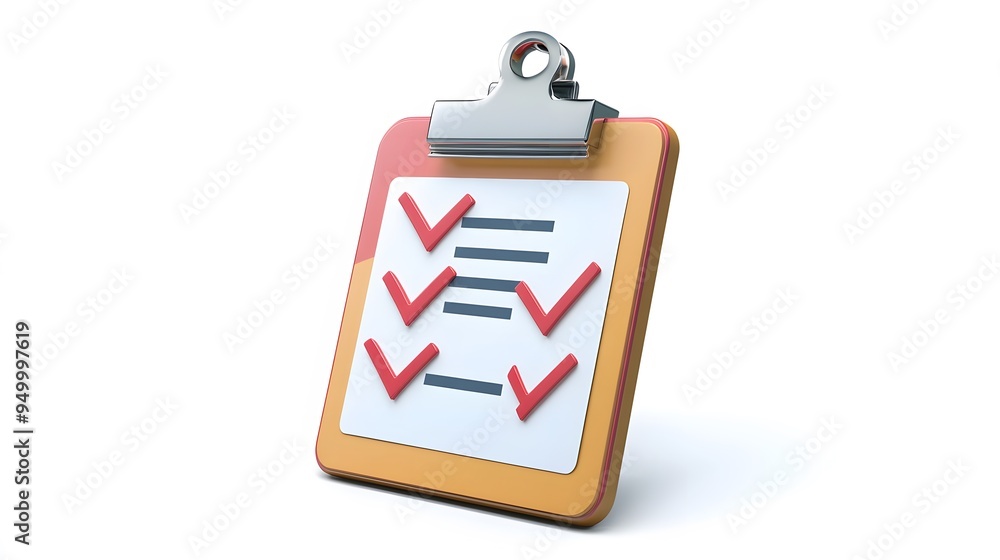 Poster 3d clipboard, checklist symbol. assignment target icon. project task management and effective time p