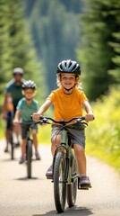 A family cycling together on a scenic trail, with parents leading the way and children following, everyone wearing helmets and enjoying the ride