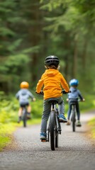 A family cycling together on a scenic trail, with parents leading the way and children following, everyone wearing helmets and enjoying the ride