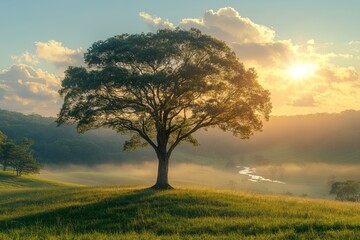 Fototapeta premium Solitary Tree in a Misty Meadow