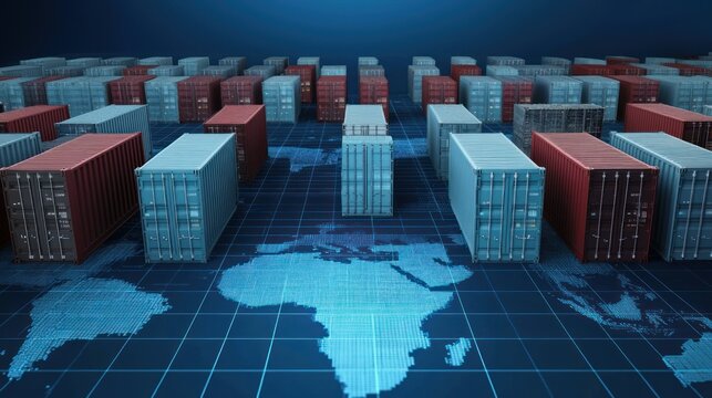 Cargo containers lined up in rows against digital backdrop showcasing logistics and supply chain management, organized shipping containers, logistics planning