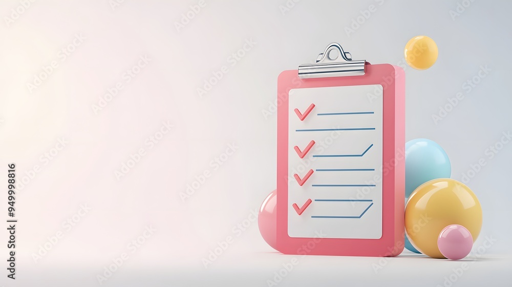 Poster 3d clipboard, checklist symbol. assignment target icon. project task management and effective time p