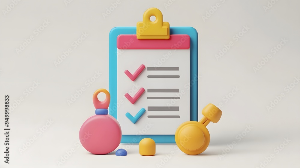 Poster 3d clipboard, checklist symbol. assignment target icon. project task management and effective time p