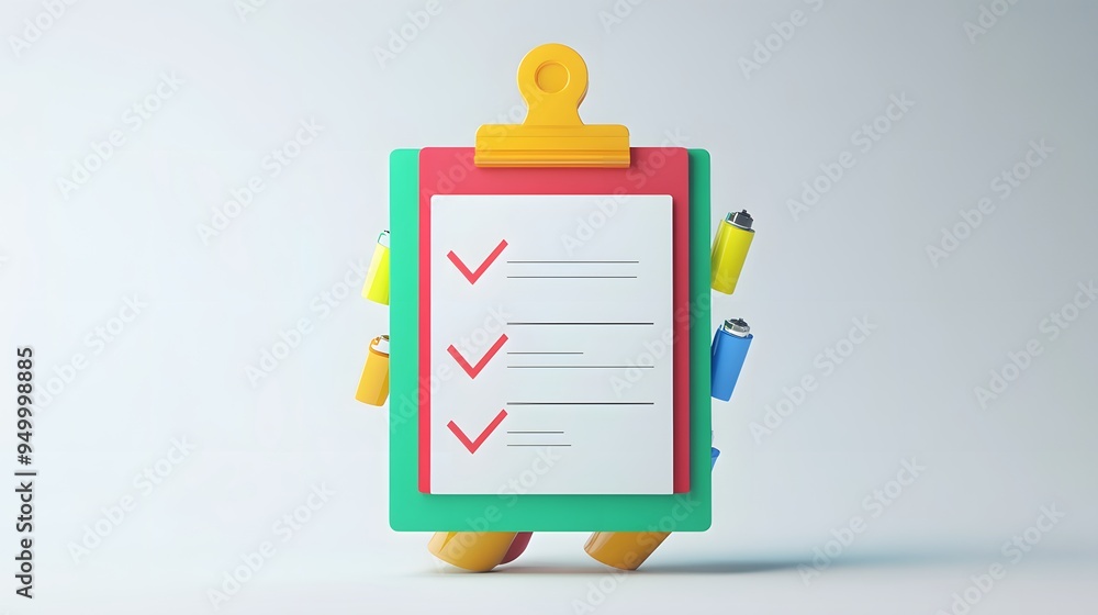 Poster 3d clipboard, checklist symbol. assignment target icon. project task management and effective time p