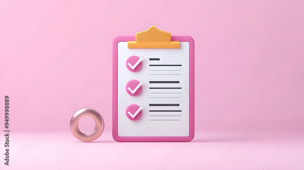 Poster 3d clipboard, checklist symbol. assignment target icon. project task management and effective time p