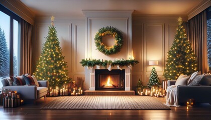 Photo of a cozy room decorated for Christmas with a fireplace and a festive wreath created with Generative AI technology