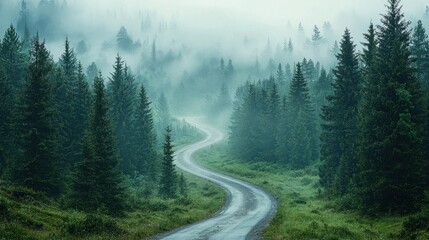 Enchanted Journey: Serene Winding Road in Misty Pine Forest