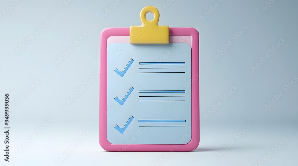 Poster 3d clipboard, checklist symbol. assignment target icon. project task management and effective time p