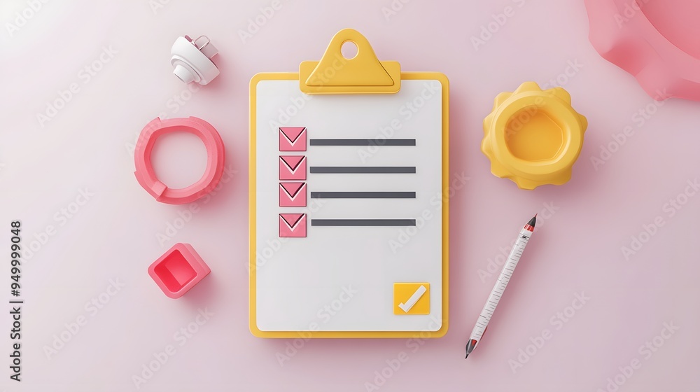 Poster 3d clipboard, checklist symbol. assignment target icon. project task management and effective time p