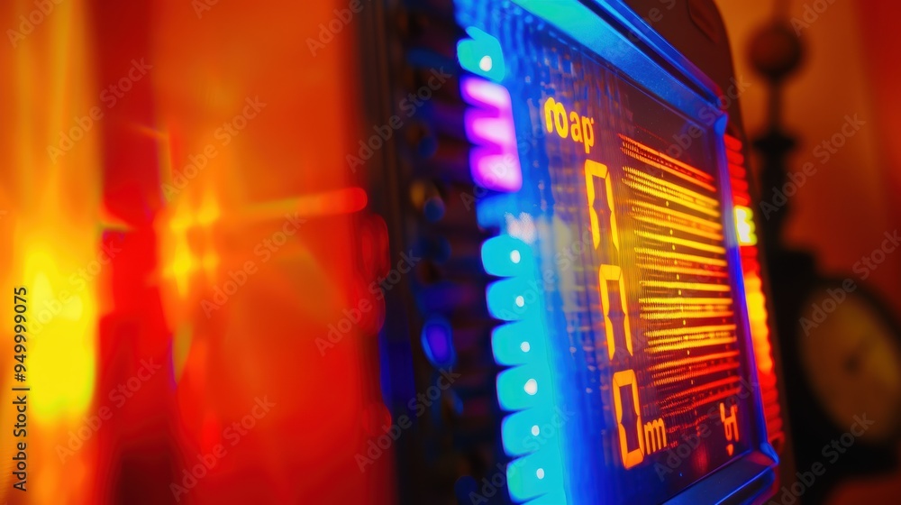 Poster electronic device showing colorful lights and numbers blurred background