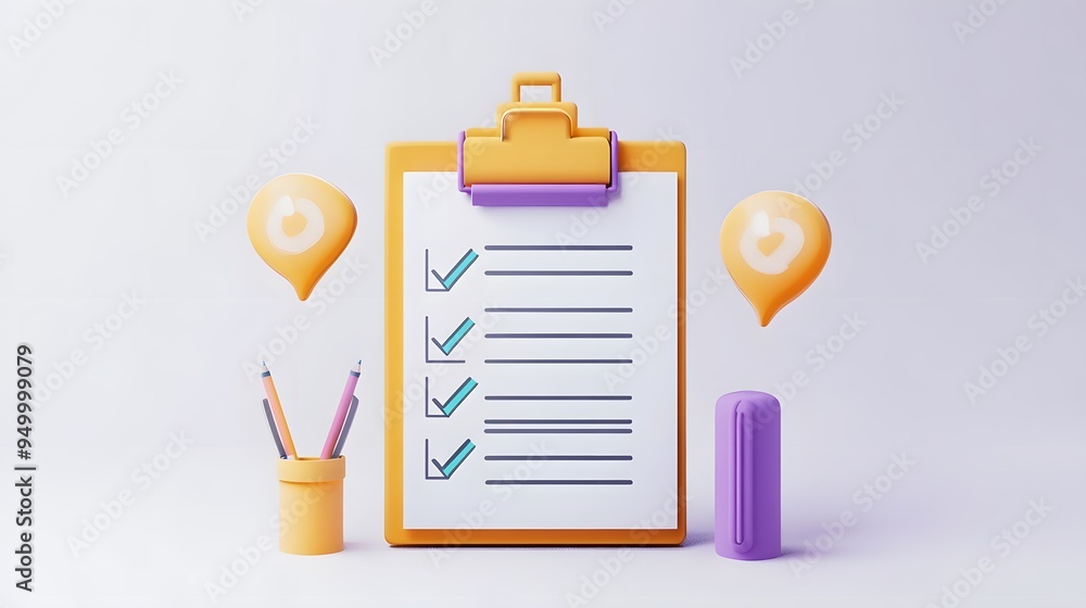 Poster 3d clipboard, checklist symbol. assignment target icon. project task management and effective time p