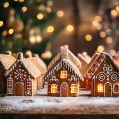 Photo of a festive display of gingerbread houses arranged in a row created with Generative AI technology