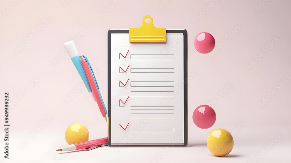 Poster 3d clipboard, checklist symbol. assignment target icon. project task management and effective time p