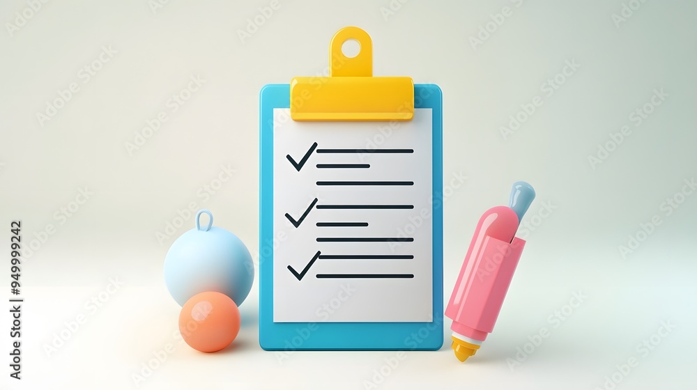 Poster 3d clipboard, checklist symbol. assignment target icon. project task management and effective time p
