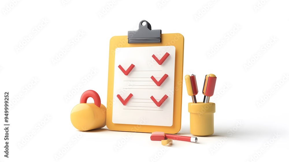 Poster 3d clipboard, checklist symbol. assignment target icon. project task management and effective time p