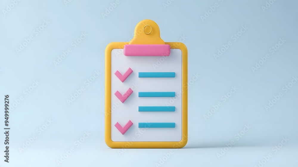 Poster 3d clipboard, checklist symbol. assignment target icon. project task management and effective time p