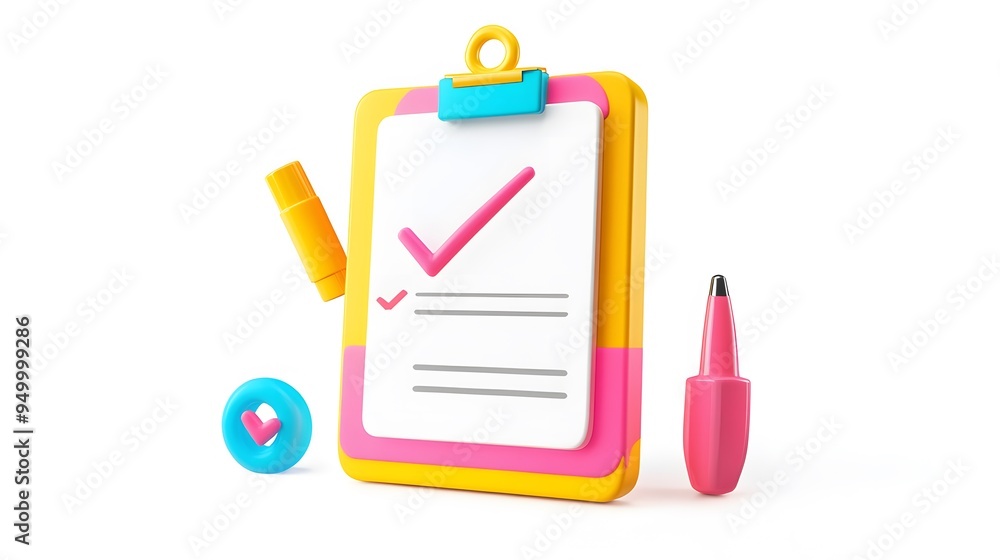 Poster 3d clipboard, checklist symbol. assignment target icon. project task management and effective time p