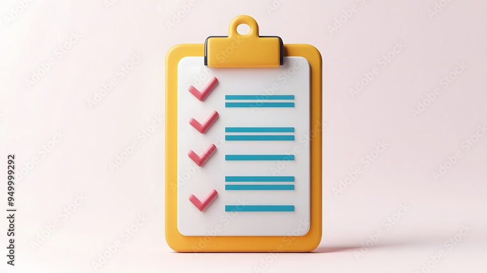 Poster 3d clipboard, checklist symbol. assignment target icon. project task management and effective time p