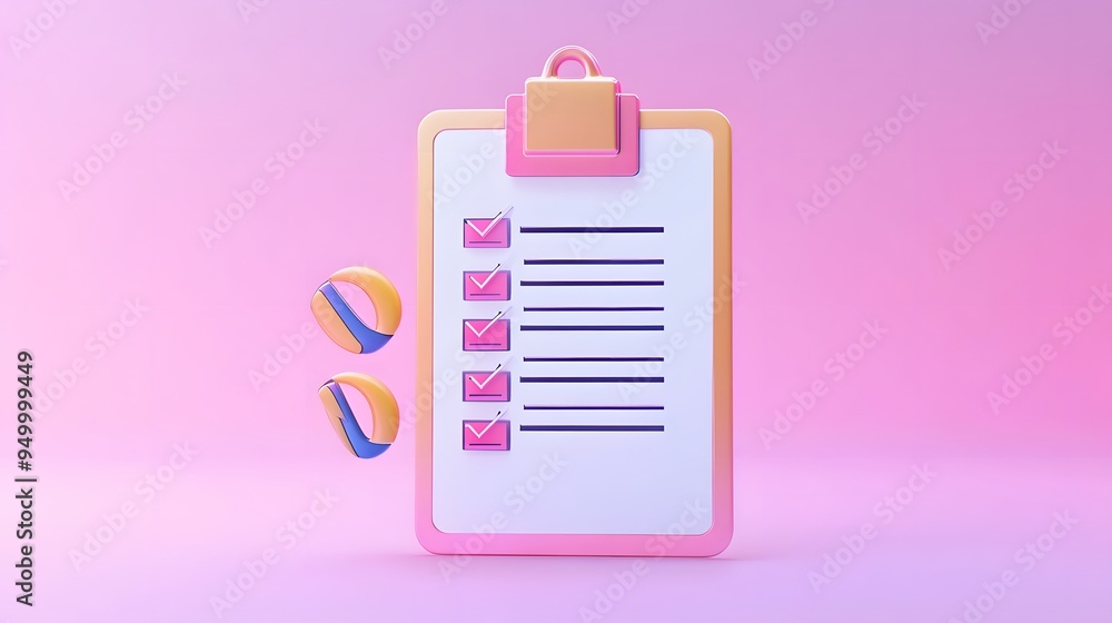 Poster 3d clipboard, checklist symbol. assignment target icon. project task management and effective time p