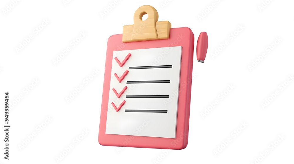 Poster 3d clipboard, checklist symbol. assignment target icon. project task management and effective time p
