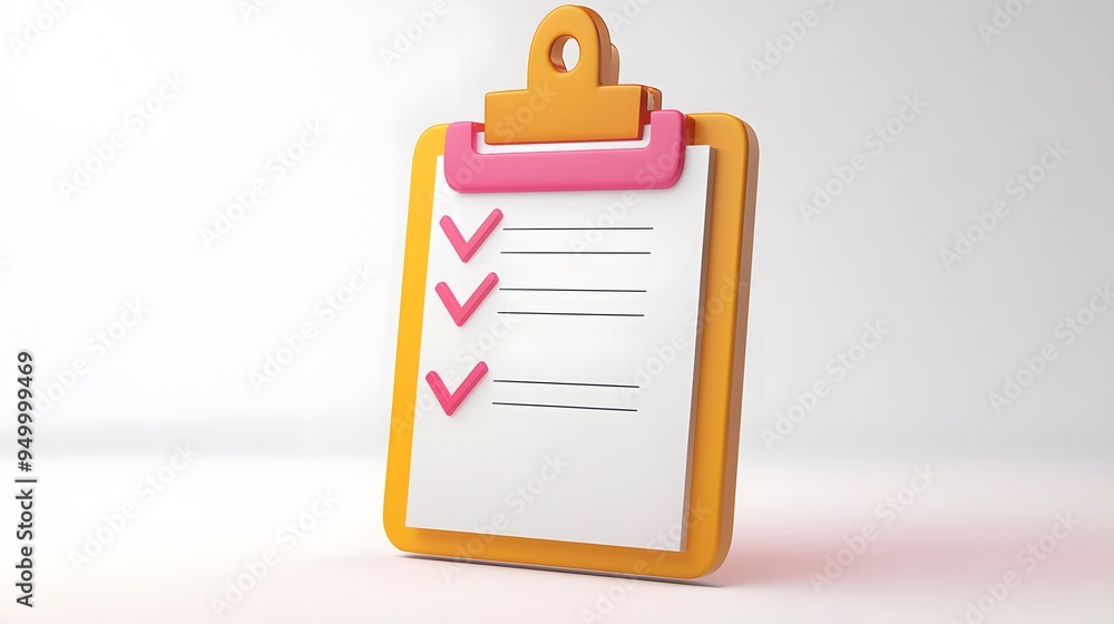 Poster 3d clipboard, checklist symbol. assignment target icon. project task management and effective time p