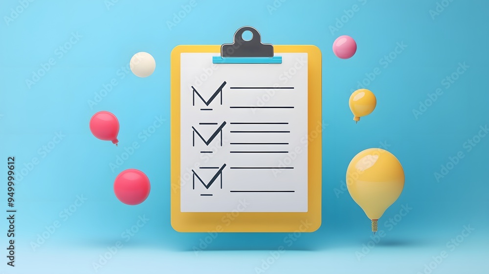 Poster 3d clipboard, checklist symbol. assignment target icon. project task management and effective time p