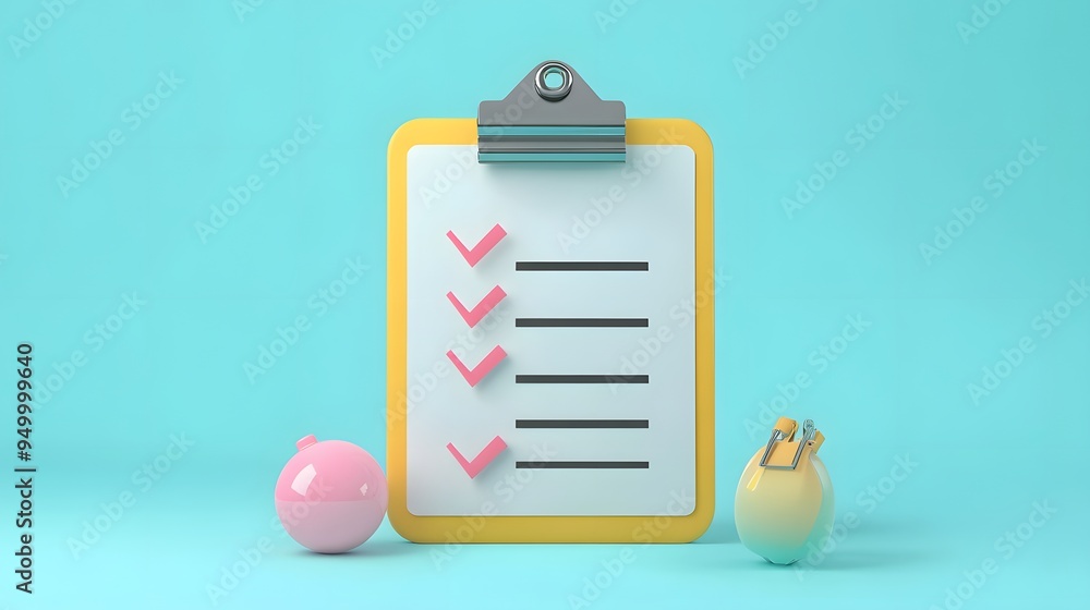 Poster 3d clipboard, checklist symbol. assignment target icon. project task management and effective time p